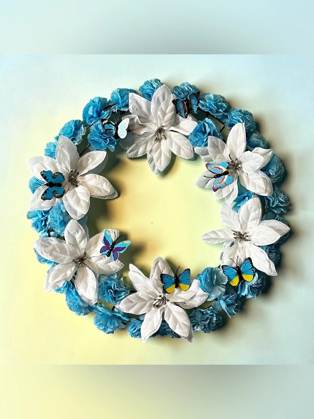 Blue & White Holiday Wreath with Butterfly Accents Hand Crafted